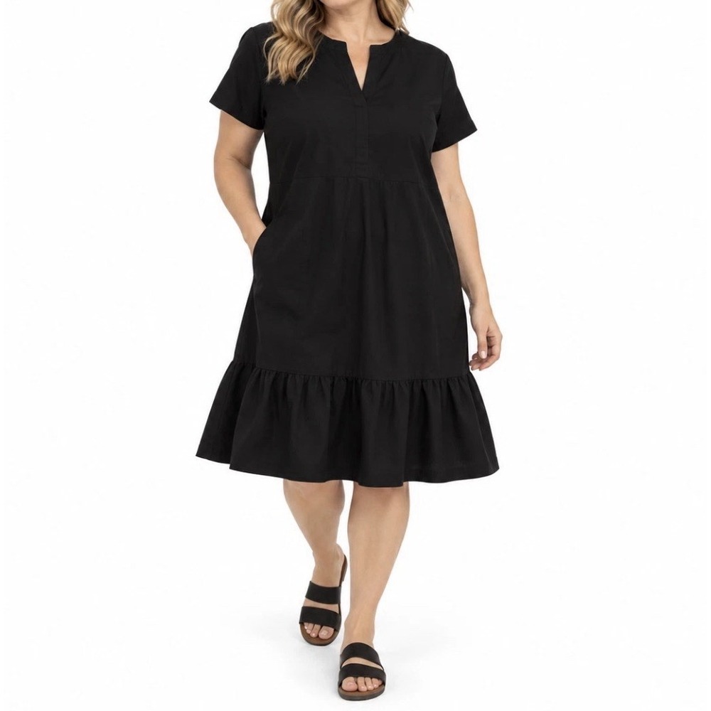 Pact Canopy Notch Neck Dress Womens XXXL Black Cotton Linen Tiered Midi Pockets